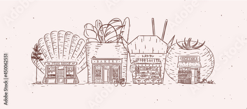 Obraz na płótnie Set of storefronts fish shop, bakery, asian food, bakery drawing with brown color w salonie