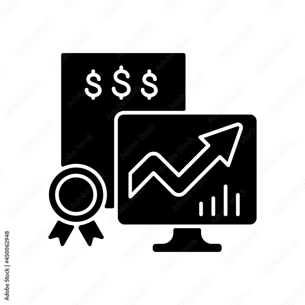 Marketable securities black glyph icon. Money market instruments, futures. Public stock or bond exchange process. Hedge fund investment. Silhouette symbol on white space. Vector isolated illustration Marketable securities black glyph icon. Money market instruments, futures. Public stock or bond exchange process. Hedge fund investment. Silhouette symbol on white space. Vector isolated illustration