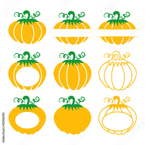 Pumpkin frames, several Pumpkin Monogram logo with free space. Happy Halloween, happy thanksgiving. Vector illustration. Isolated on white background. Good for posters, t shirts, postcards, home decor