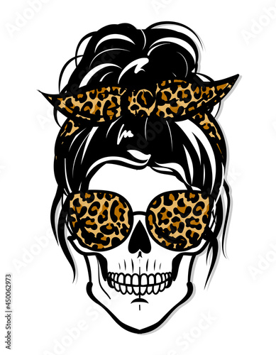Beautiful woman skull with aviator sunglasses and cheetah print bandana. Lady Mom skull with messy bun, getting stuff done. Sugar skull with leopard pattern. Fashion illustration for Halloween t shirt