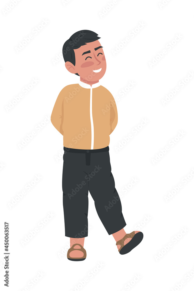 Kid smiling broadly semi flat color vector character. Standing figure. Full body person on white. Grinning child isolated modern cartoon style illustration for graphic design and animation