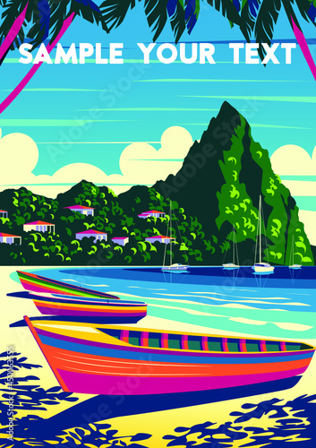 Tropical Island landscape with traditional boats, palm trees, houses and the sea in the background. Handmade drawing vector illustration.