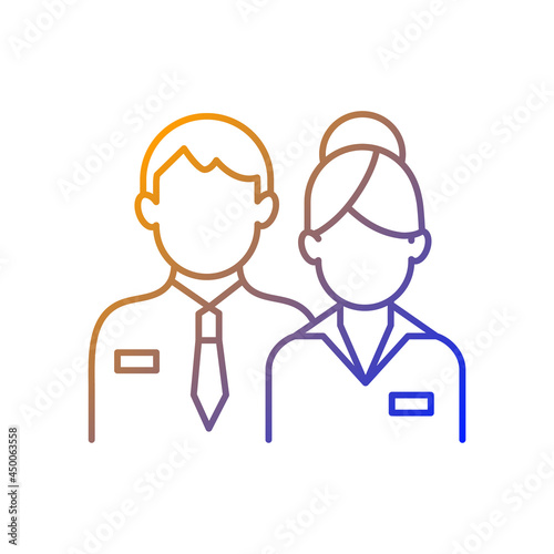 Company staff gradient linear vector icon. Man and woman in uniform. Official business representatives. Thin line color symbols. Modern style pictogram. Vector isolated outline drawing