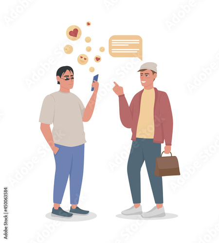 Man phubbing semi flat color vector characters. Full body people on white. Ignoring friend for phone. Smartphone addiction isolated modern cartoon style illustration for graphic design and animation photo