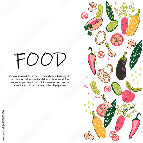 Vegetarian organic food banner or poster design with various fresh production. Farm vegetables delivery and distribution, vegan food flat cartoon vector illustration.
