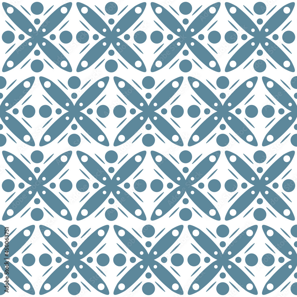 Blue petals and circles ornament. Vector seamless wallpaper rith repeated circle and petals pattern in light blue color.