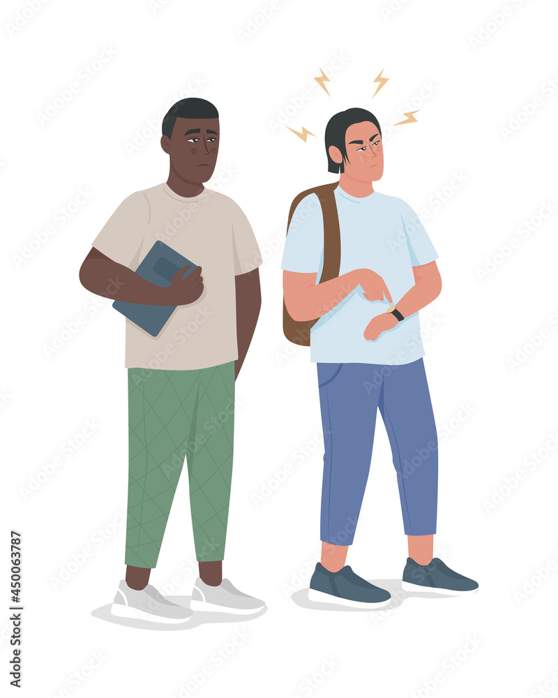 Punctual guy expresses irritation semi flat color vector characters. Full body people on white. College students isolated modern cartoon style illustration for graphic design and animation