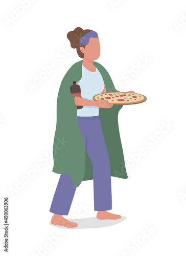 Midnight snacker semi flat color vector character. Full body person on white. Girl with pizza and carbonated drink isolated modern cartoon style illustration for graphic design and animation