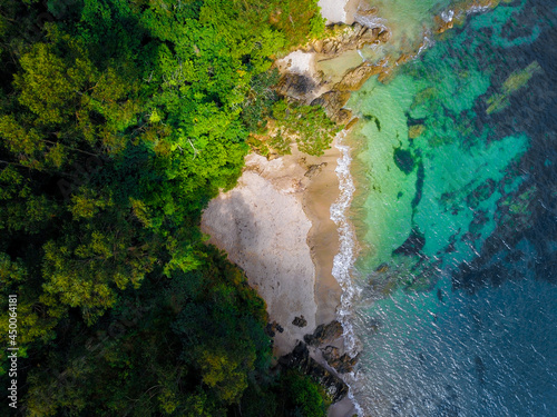 Tropical secret beach hidden in Costa Rica caribbean coast from a drone view.