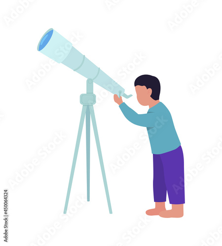 Little boy stargazing with telescope semi flat color vector character. Full body person on white. Youngster skywatcher isolated modern cartoon style illustration for graphic design and animation