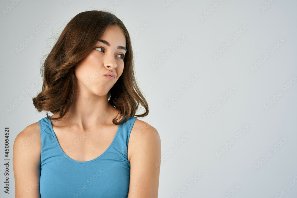 cheerful brunette fashion hairstyle blue tank top lifestyle cheerful brunette fashion hairstyle blue tank top lifestyle