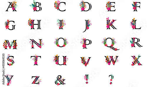 one set autumn alphabet with flower and leaves - Set of alphabet, red autumn leaves for discounts, promo ads, posters and concepts.