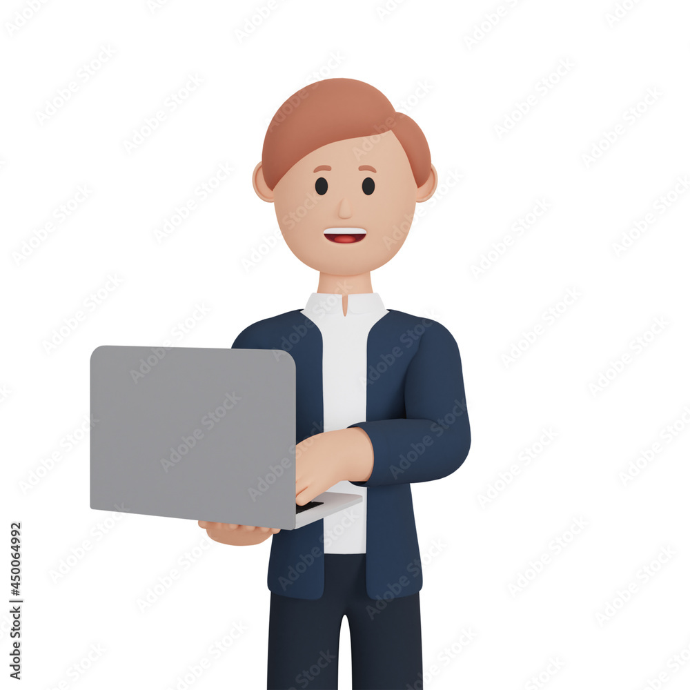 3d rendering smiling man cartoon character with laptop