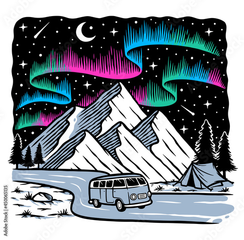 mountain view at night with aurora