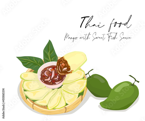 Raw mangoes sour with Sweet fish sauce "Nampla whan", Thai food on white background. Vector illustration.