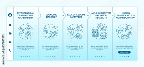 Human trafficking causes onboarding vector template. Responsive mobile website with icons. Web page walkthrough 5 step screens. Factors lead to trafficking color concept with linear illustrations