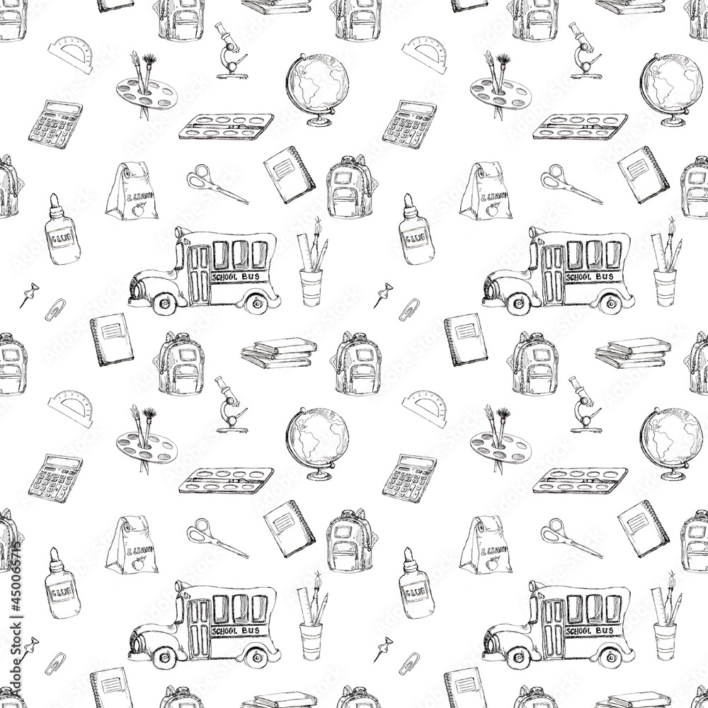 Watercolor cute back to school vintage style seamless pattern 