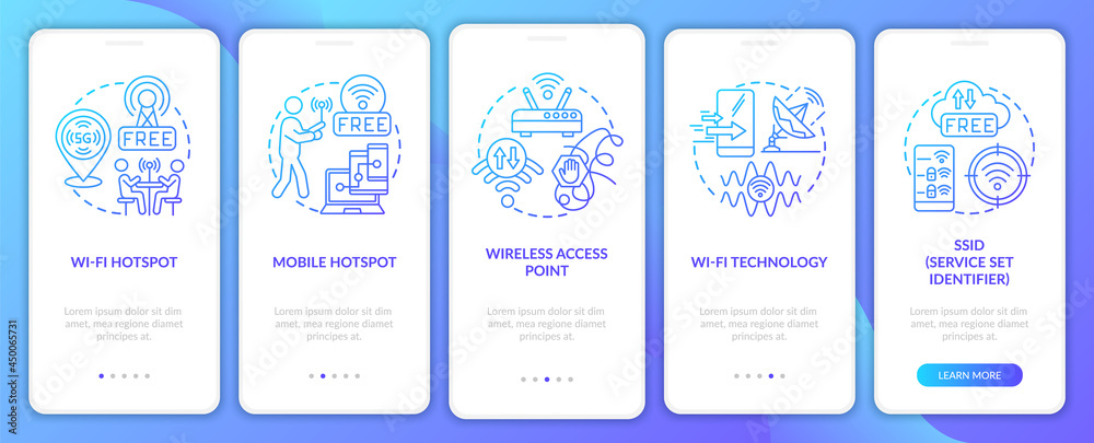 Access to the Internet options gradient blue onboarding mobile app page screen. Walkthrough 5 steps graphic instructions with concepts. UI, UX, GUI vector template with linear color illustrations