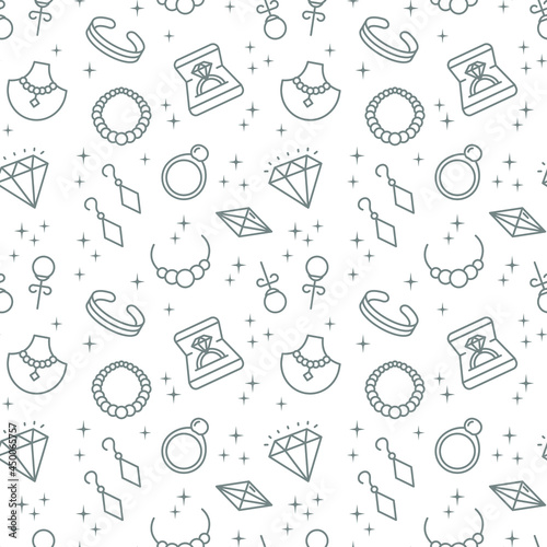 Seamless vector pattern with Jewelry. Includes ring, bracelet, earrings, diamond, necklace and more. For fabric, paper, wrap, textile, poster, scrapbooking, wallpaper or background