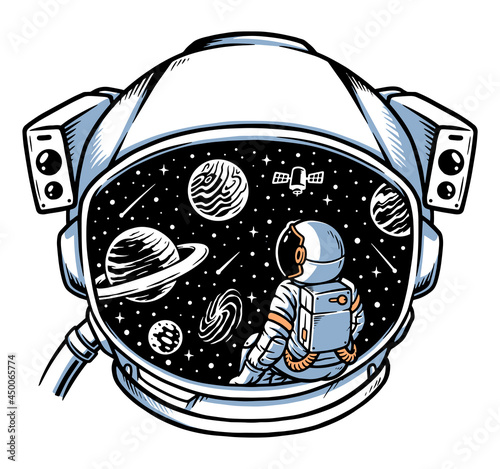 astronaut sitting contemplating in helmet frame