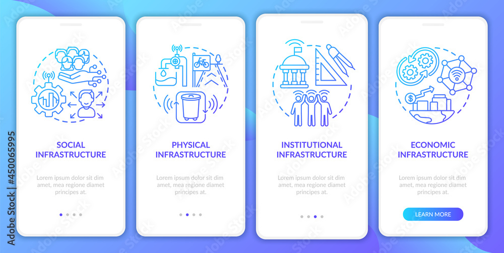 City infrastructures onboarding mobile app page screen. Way of urban governing walkthrough 4 steps graphic instructions with concepts. UI, UX, GUI vector template with linear color illustrations