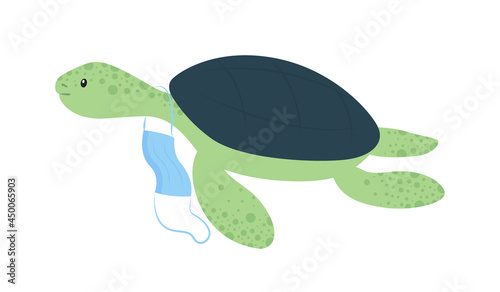 Tortoise with discarded surgical face mask semi flat color vector character. Full body animal on white. Hazard for wildlife isolated modern cartoon style illustration for graphic design and animation