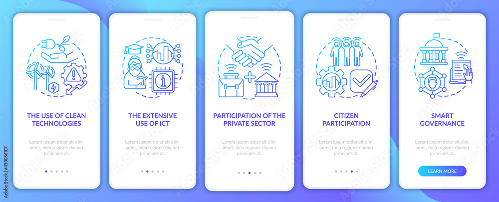 Instruments of smart city gradient blue onboarding mobile app page screen. Walkthrough 5 steps graphic instructions with concepts. UI, UX, GUI vector template with linear color illustrations