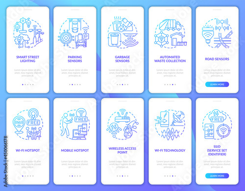 Smart city technologies gradient blue onboarding mobile app page screen. Walkthrough 5 steps graphic instructions with concepts. UI, UX, GUI vector template with linear color illustrations