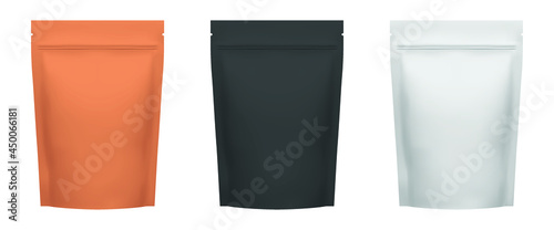Set of Colored  Stand Up Pouch Bags. Packaging Mockup With Zipper. 