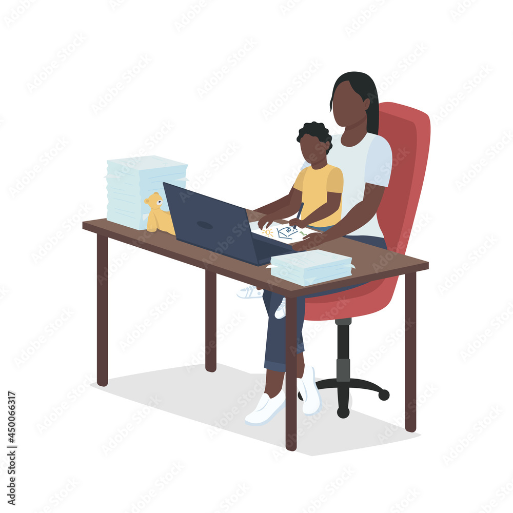 Fototapeta premium Work-at-home mom semi flat color vector character. Working woman figure. Full body person on white. Employed mother isolated modern cartoon style illustration for graphic design and animation