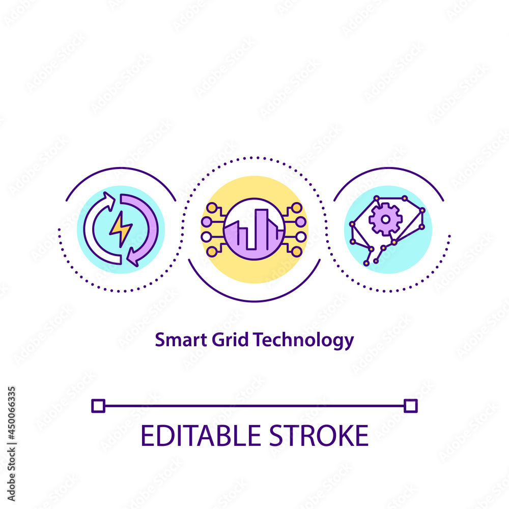 Smart grid technology concept icon. Intelligent power and energy system abstract idea thin line illustration. Electricity network. Vector isolated outline color drawing. Editable stroke