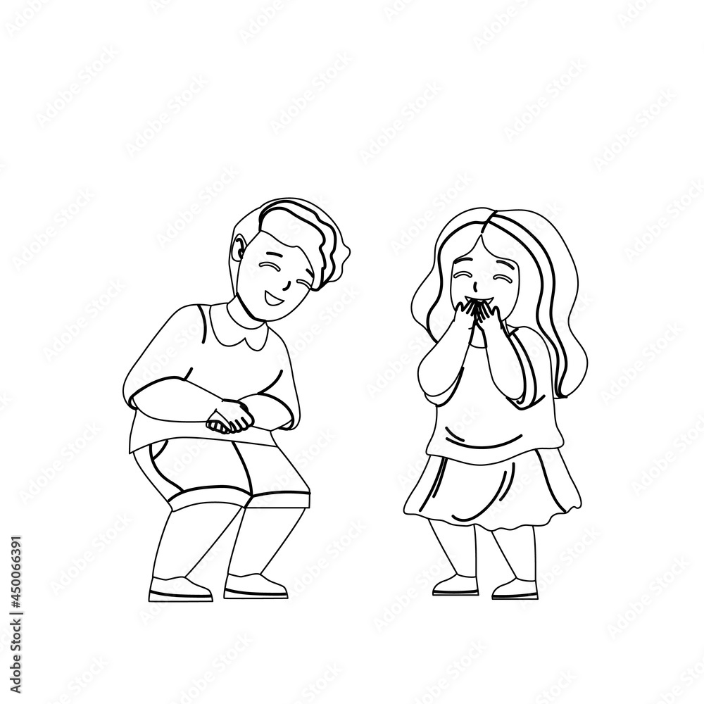 Kids Laughing Together From Funny Joke Black Line Pencil Drawing Vector. Little Happy Children Boy And Girl Couple Laughing, Positive Emotion. Preteen Brother And Sister Leisure Time Illustration Kids Laughing Together From Funny Joke Black Line Pencil Drawing Vector. Little Happy Children Boy And Girl Couple Laughing, Positive Emotion. Preteen Brother And Sister Leisure Time Illustration