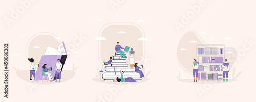 People with books set. Literature fans collections. Reading togehter scenes.
