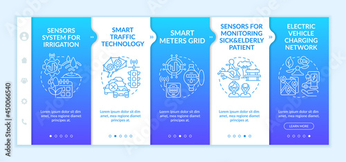 Smart urban high tech projects onboarding vector template. Responsive mobile website with icons. Web page walkthrough 5 step screens. City management color concept with linear illustrations