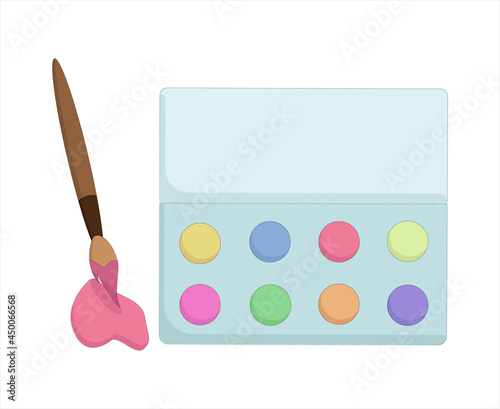 palette with colored paints and a thin brush in pink paint on a white background