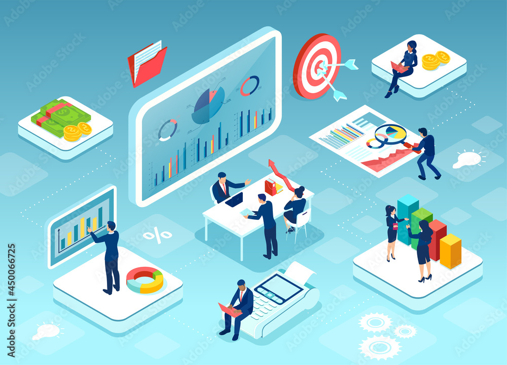 Isometric vector of businesspeople interacting with financial charts and analysing market statistics and trends Isometric vector of businesspeople interacting with financial charts and analysing market statistics and trends