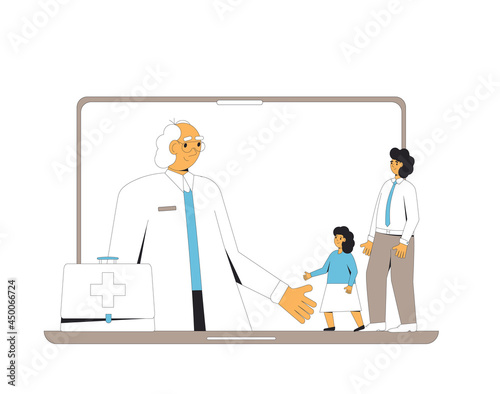 Online medical consultation. Telemedicine. Family doctor distant advise. Health care by internet. Father and daughter have a healthcare remote services.