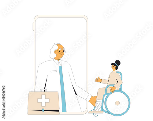 Online orthopedics medical consultation. Traumatologist with feet toe traumapatient. Telemedicine. Doctor distant advise. Health care by internet. Healthcare podiatrist services.