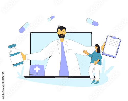 Online medical consultation. Telemedicine. Doctor distant advise. Health care by internet. Healthcare services.