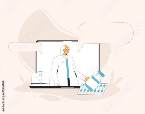 Online medical consultation. Telemedicine. Doctor distant advise. Health care by internet. Healthcare services.