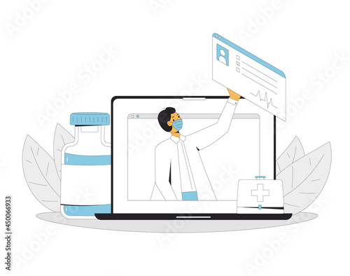 Online medical consultation. Telemedicine. Doctor distant advise. Health care by internet. Healthcare services.