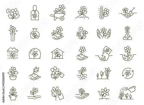 Set of icons. Growing flowers. Seedling shoots. Agriculture and gardener. Biotechnology floret plants. Sowing seeds. Vector contour line. Open paths. Editable stroke.