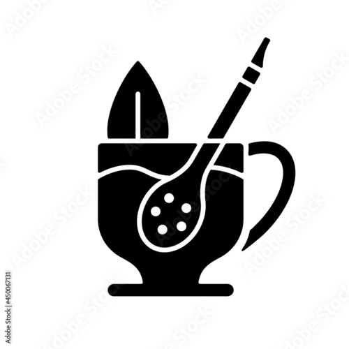 Mate straw black glyph icon. Stick that filters dried mate tea parts. Bombilla tool made from metal or wood. Traditional latin utensil. Silhouette symbol on white space. Vector isolated illustration