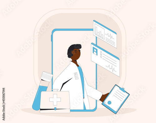 Online medical consultation. Telemedicine. Doctor distant advise. Health insurance. Healthcare services.
