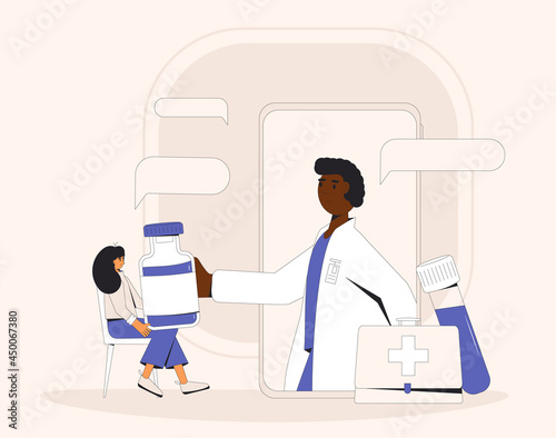 Online medical consultation. Telemedicine. Doctor distant advise. Health care by internet. Healthcare services.