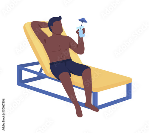 Man in lounger drinks cocktail semi flat color vector character. Full body person on white. Relaxing on beach isolated modern cartoon style illustration for graphic design and animation