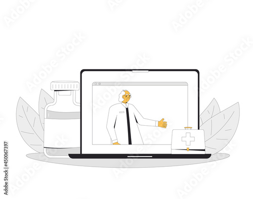 Online medical consultation. Telemedicine. Doctor distant advise. Health care by internet. Healthcare services.