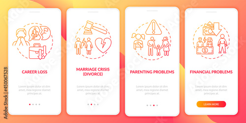 Midage problems onboarding mobile app page screen. Hardships of adult life walkthrough 4 steps graphic instructions with concepts. UI  UX  GUI vector template with linear color illustrations