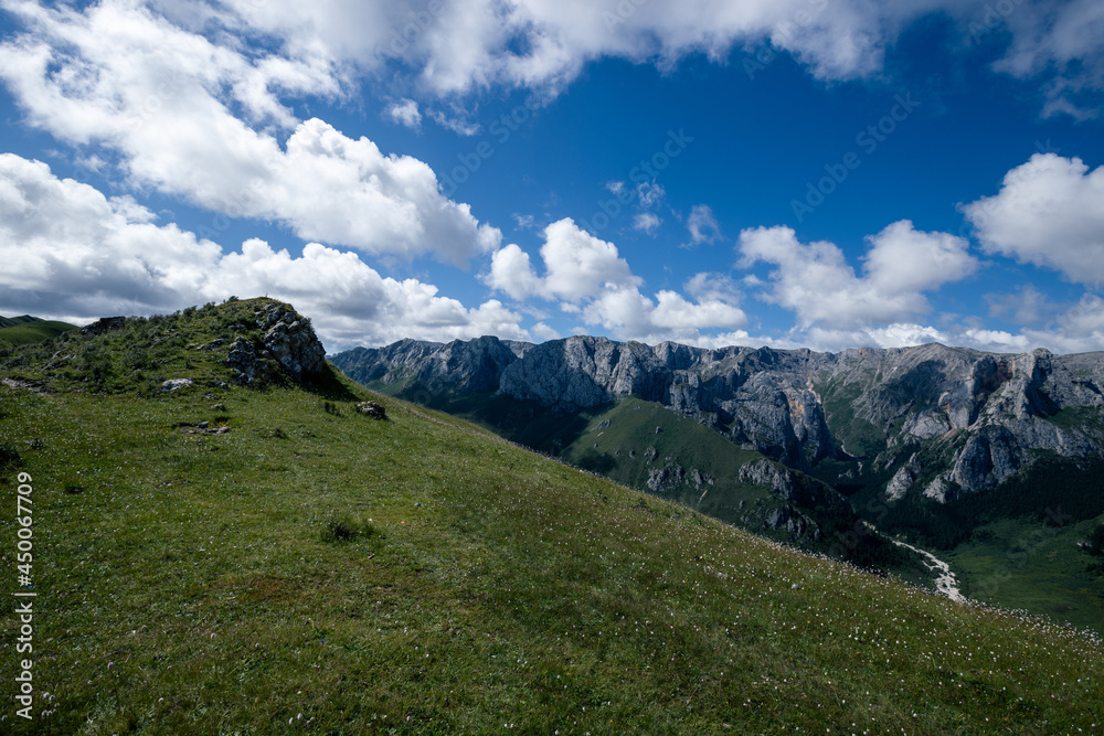High altitude mountain landscape under blue sky