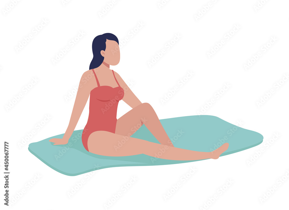 Young woman sunbathing on beach semi flat color vector character. Posing figure. Full body person on white. Taking sunbath isolated modern cartoon style illustration for graphic design and animation